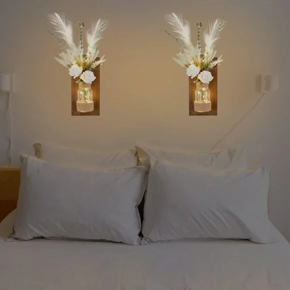 New 2Pack Mason Jar Sconce Wall Decor Rustic LED Fairy Lights Spring Flowers